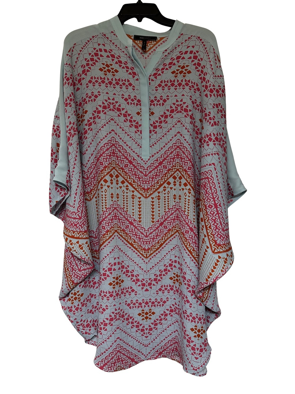 BCBG MAXAzria Stela Poncho Light Blue Tunic Pink & Orange Geometric Print M/L